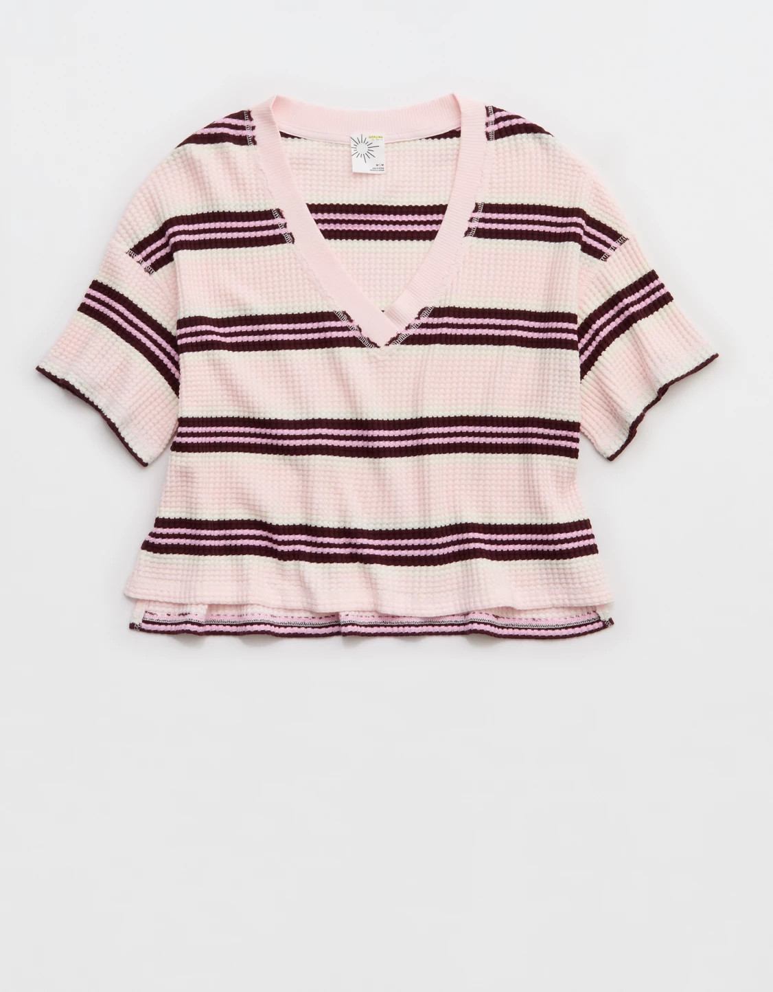 OFFLINE By Aerie Wow! Waffle V Neck Cropped Relaxed Short Sleeve T-Shirt | American Eagle Outfitters (US & CA)