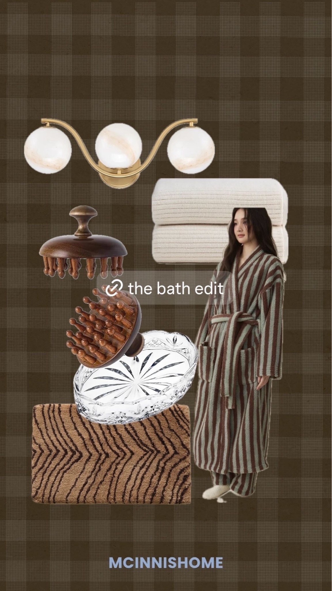 Brown bath interiors, home decor, moody bathroom, zebra print, striped bathrobe, glass dish