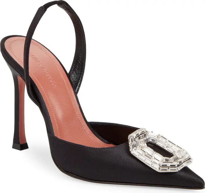 Amina Muaddi Camelia Crystal Buckle Satin Slingback Pump (Women) | Nordstrom | Nordstrom