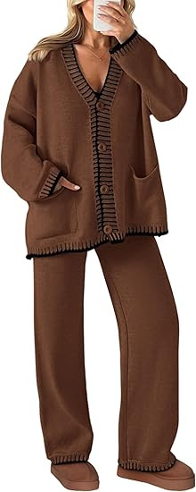 PRETTYGARDEN Women's 2 Piece Outfits Knit Matching Lounge Sets Long Sleeve V Neck Cardigan Sweate... | Amazon (US)