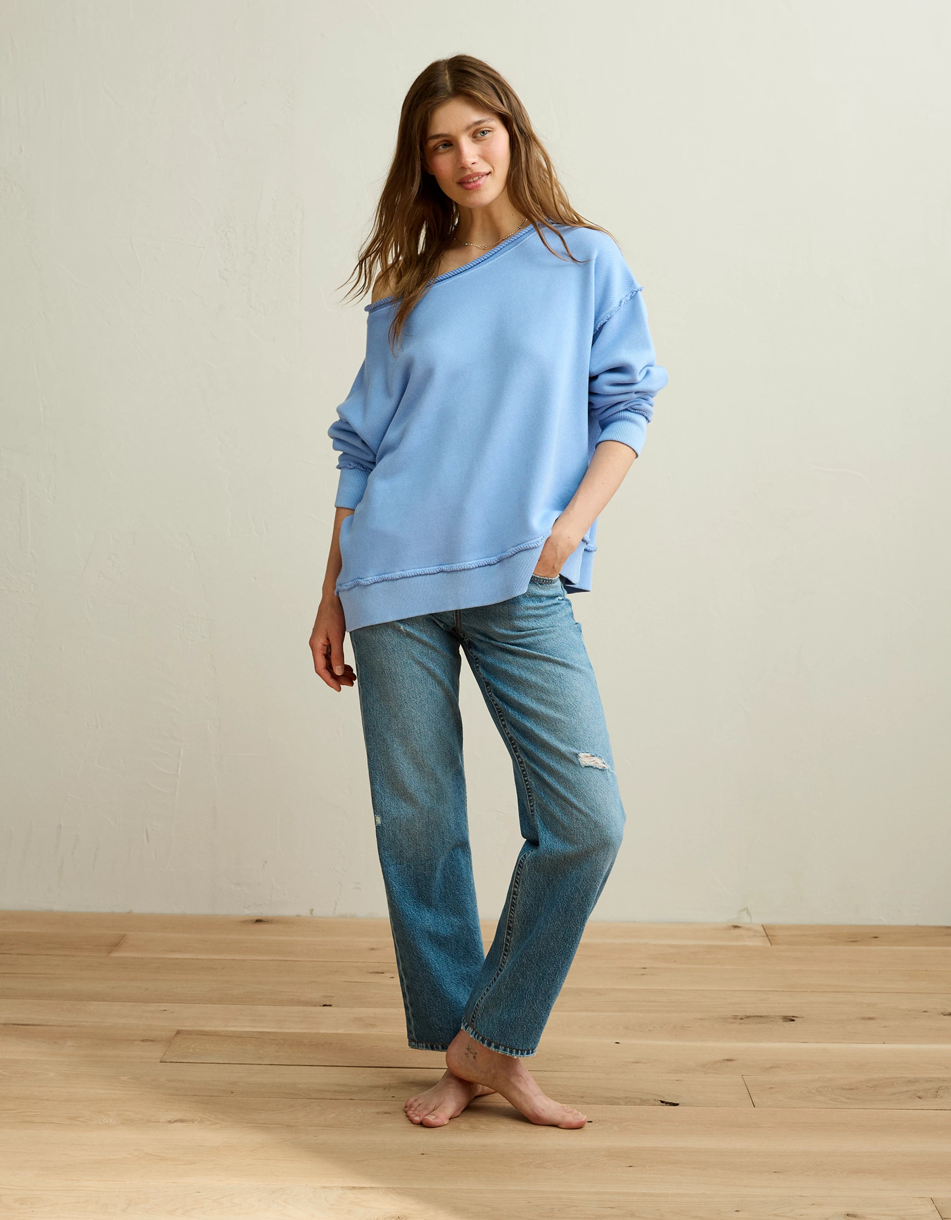 AE On a Roll Off-the-Shoulder Sweatshirt | American Eagle Outfitters (US & CA)