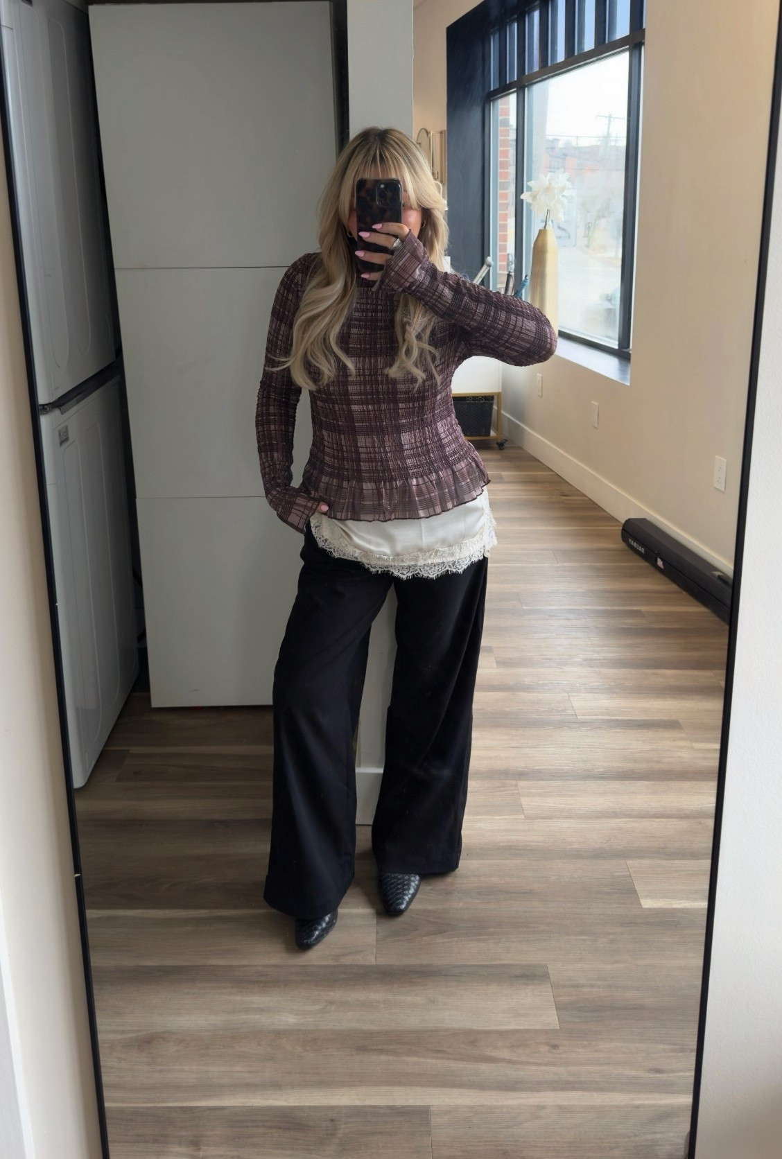 Plaid y2k top size small 
Lace spaghetti strap tank size small 
Black pleated dress pants size 6
Black woven Mules size 7 

#LTKootd #LTKWorkwear #LTKSpringSale