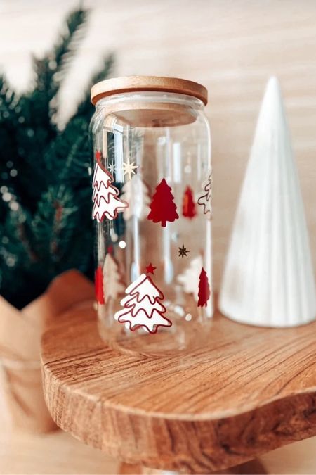 Glass can cups for Christmas on sale on Etsy! Love this trend for coffee. These make a cute gift with a coffee gift card inside. 🎅🏼🌲🤍

#LTKunder50 #LTKsalealert #LTKHoliday