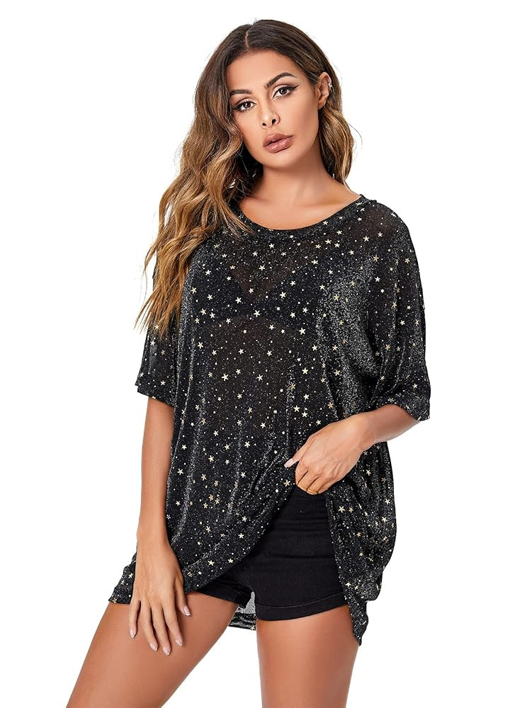WDIRARA Women's Glitter Sheer See Through Short Sleeve Mesh Top Tee Blouse | Amazon (US)