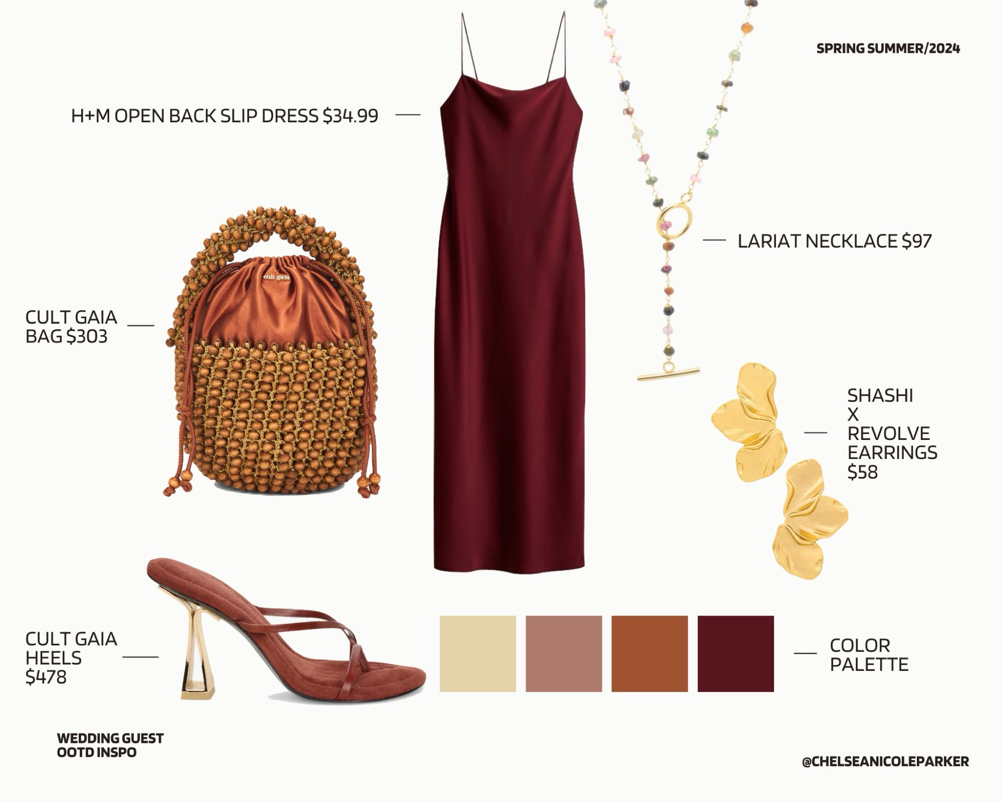H&M Open Back Satin Burgundy Slip Dress + Cult Gaia Beaded Basket Bag + Lariat Rainbow Bead Gold Necklace + Shashi x Revolve Gold Flower Earrings + Cult Gaia Suede Thong Heeled Sandals - Spring Summer Wedding Guest / Destination Wedding Guest Dress / Bridesmaids Dress / Event Style / Cocktail Dress / Formal Attire

#LTKFindsUnder50 #LTKWedding #LTKFindsUnder100