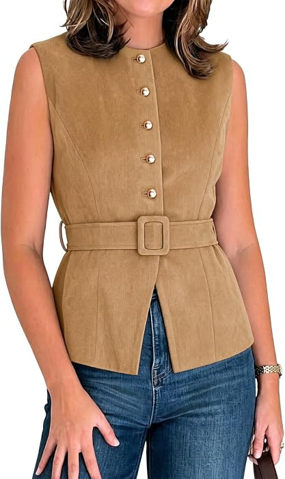 Cicy Bell Women Suede Button Down Vest Crew Neck Fitted Tank Tops With Belt | Amazon (US)