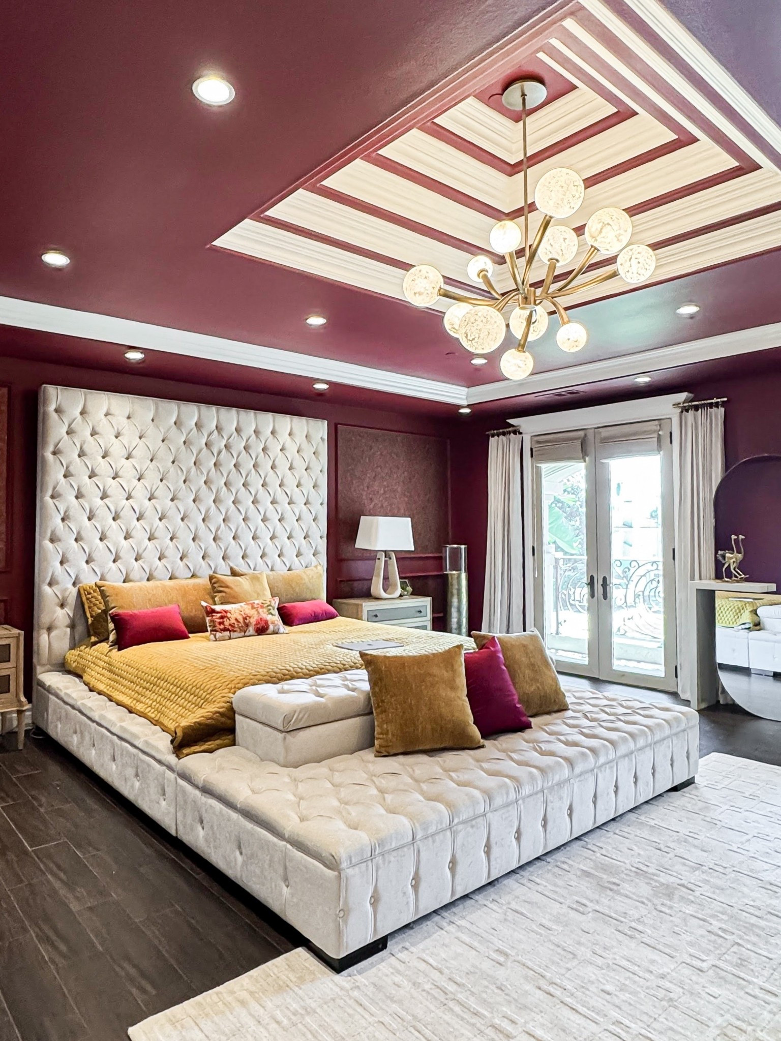 The perfect balance of texture and color: plush tufted velvet against a deep, jewel-toned ceiling. A study in maximalist elegance.

#LTKHome