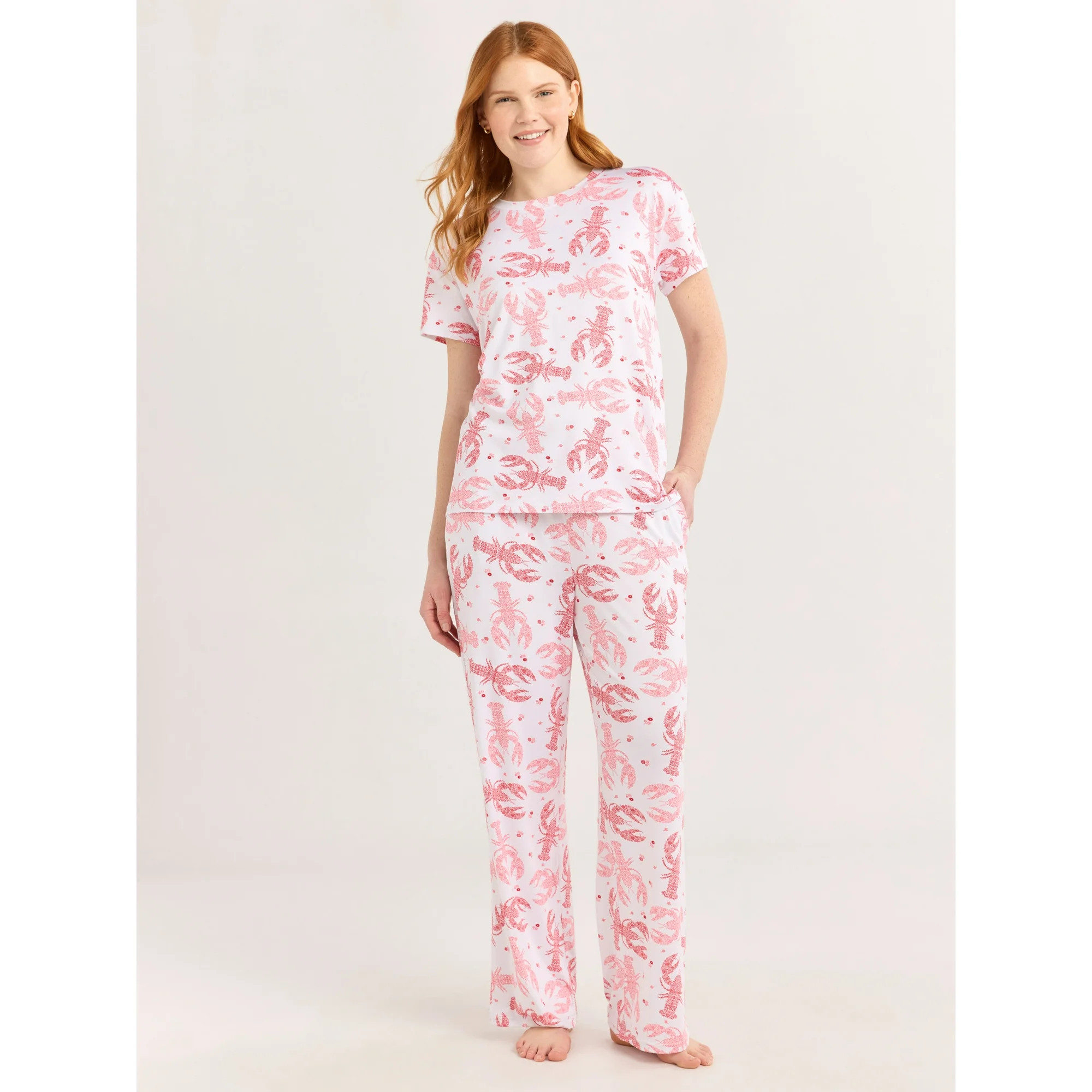 Joyspun Women's Short Sleeve Sleep Top and Open Leg Pants Pajama Set, 2-Piece, Sizes XS-3X | Walmart (US)