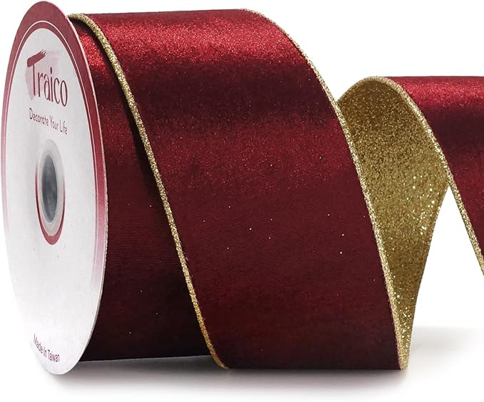 2.5" Burgundy Velvet Gold Glitter Backing Wired Ribbon 10 Yards for Christmas Wedding Wreath Gift... | Amazon (US)