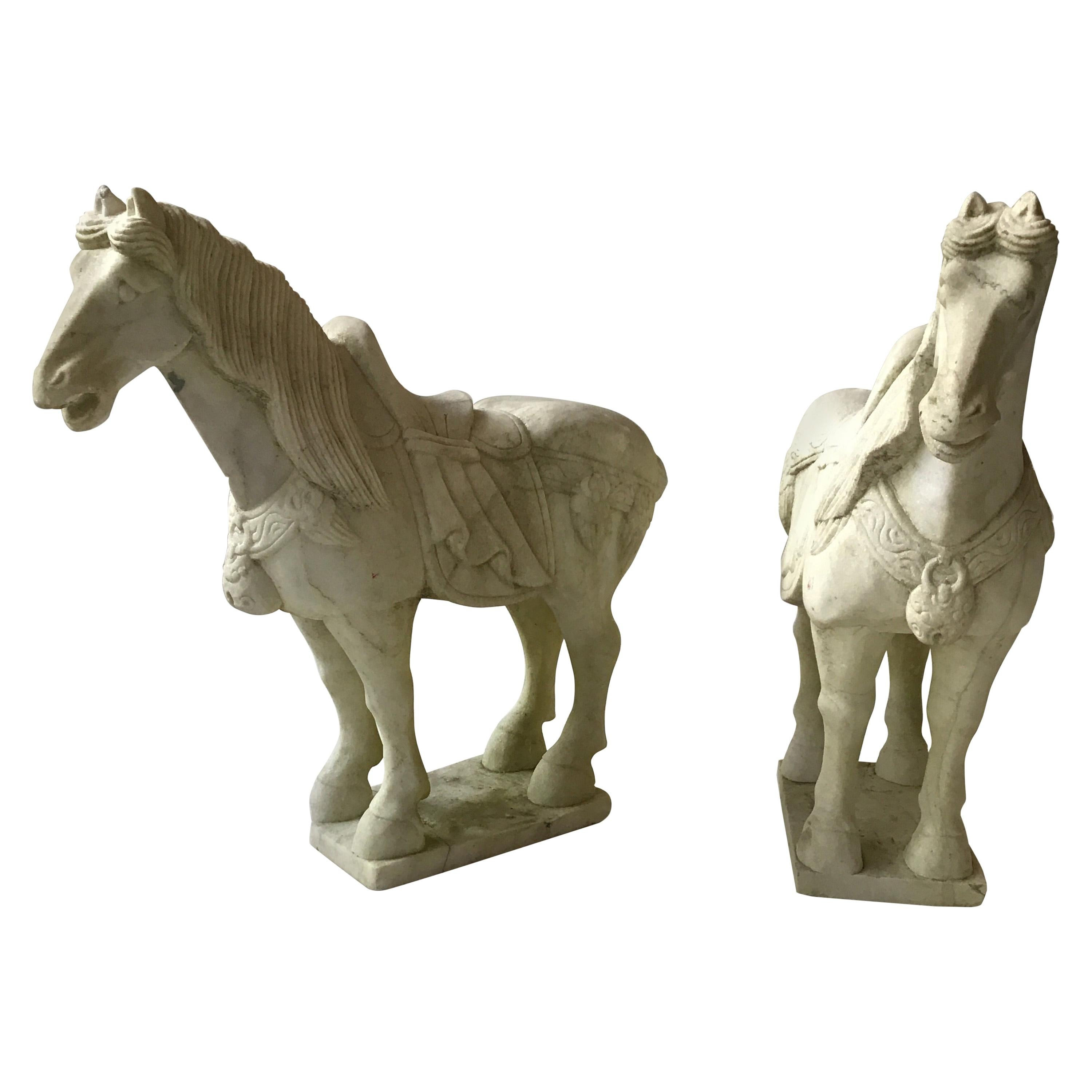 Pair of Carved Marble Asian Horses | 1stDibs
