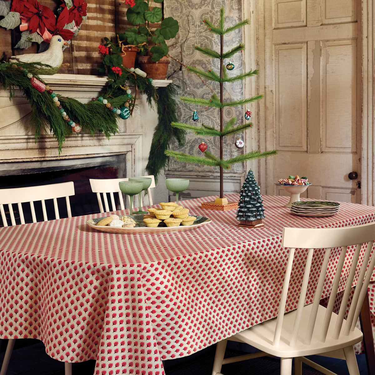 John Derian for Target 104"x60" Red Leaf-Like Print on Cream Table Cloth | Target