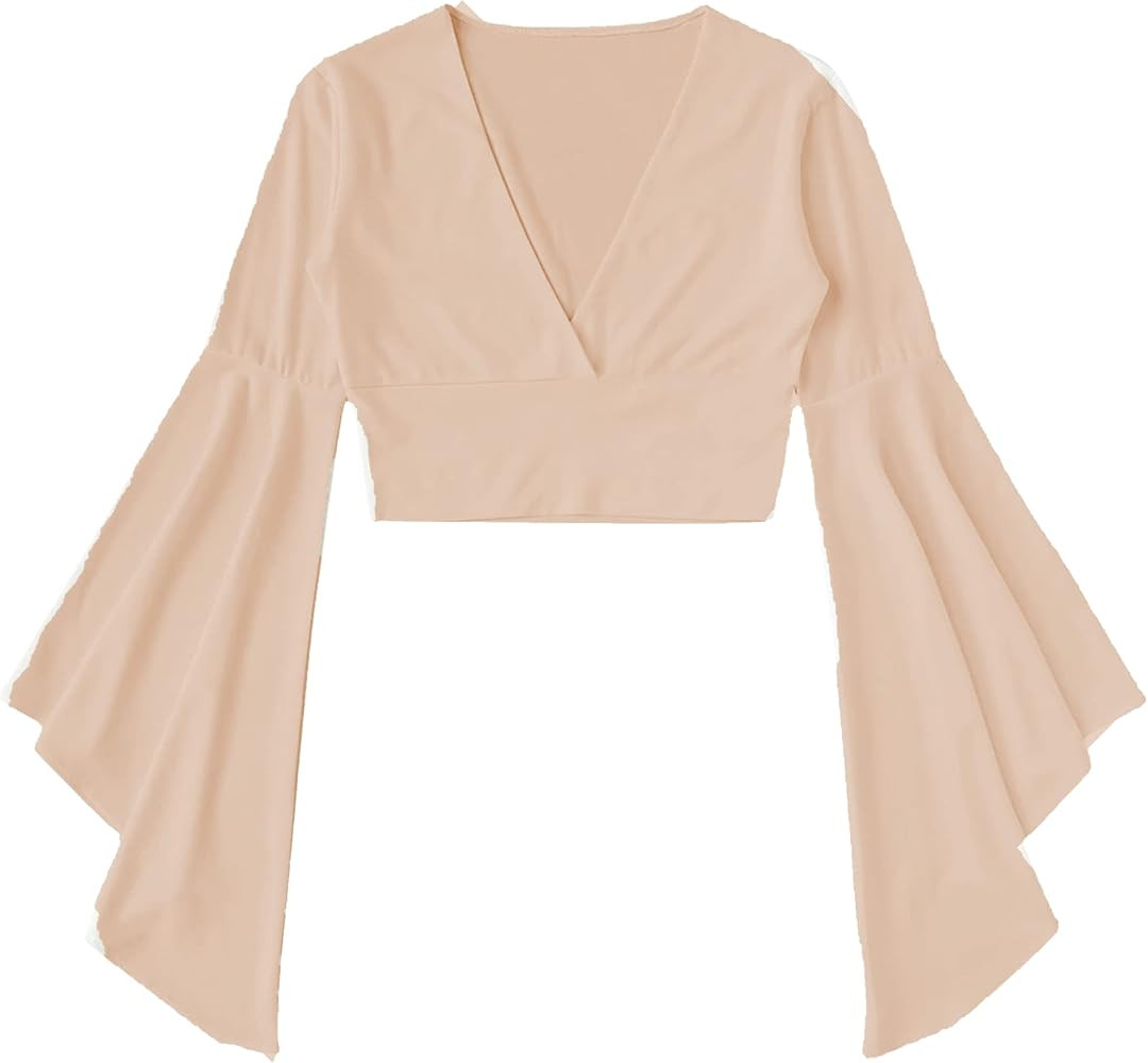Floerns Women's V Neck Long Bell Sleeve Wrap Blouse Top Tee Shirts | Amazon (US)