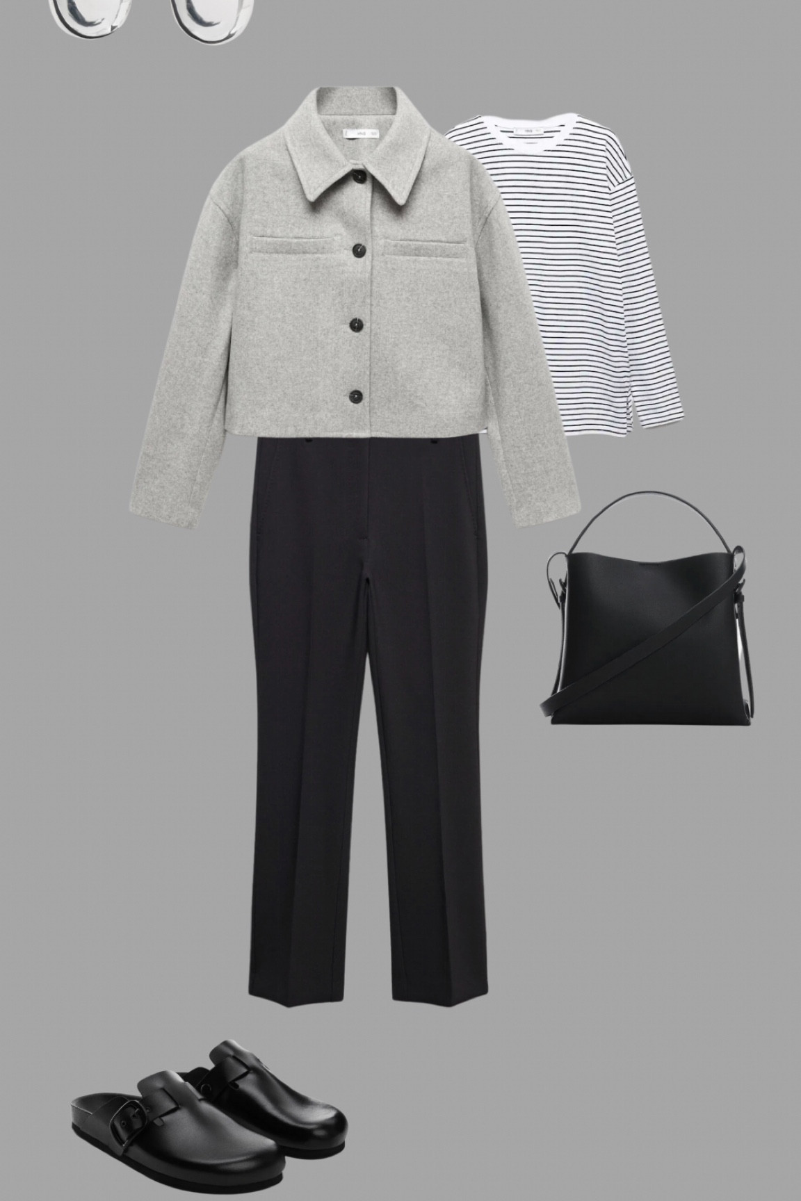 Cigarette trousers with a grey cropped jacket, striped top, black top handle bag and black clogs.