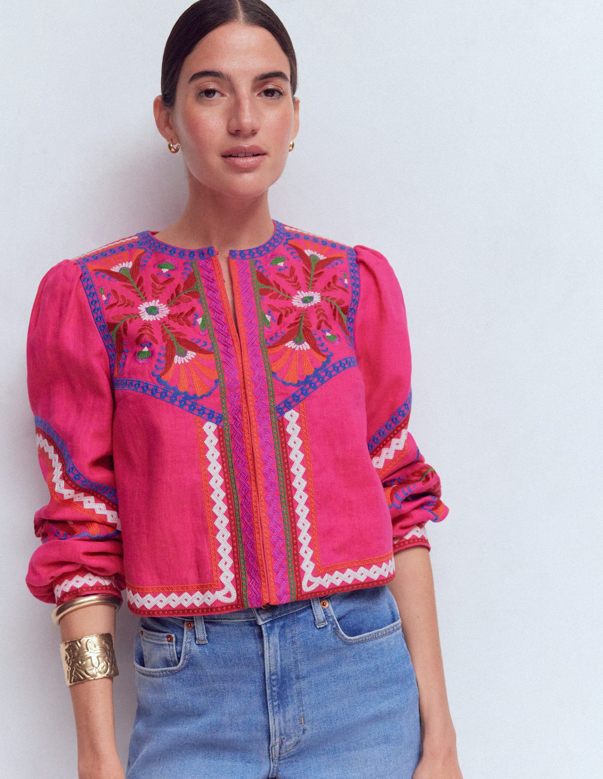 Embroidered Linen Jacket-Pink Peony, Embroidered | Boden (US)