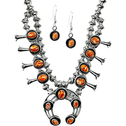 Small Orange Spiny Oyster Squash Blossom Necklace Set, Navajo Native American Handmade, 925 Sterl... | Amazon (US)