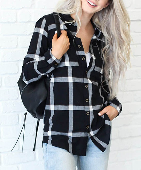 Luxe Couture Women's Blouses Black - Black Plaid Gabriele Button-Up Top - Women | Zulily