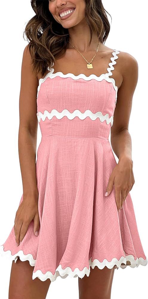 Senllen Summer Dresses for Women 2024 Casual Square Neck A-line Sundress with Rickrack Straps Sle... | Amazon (US)