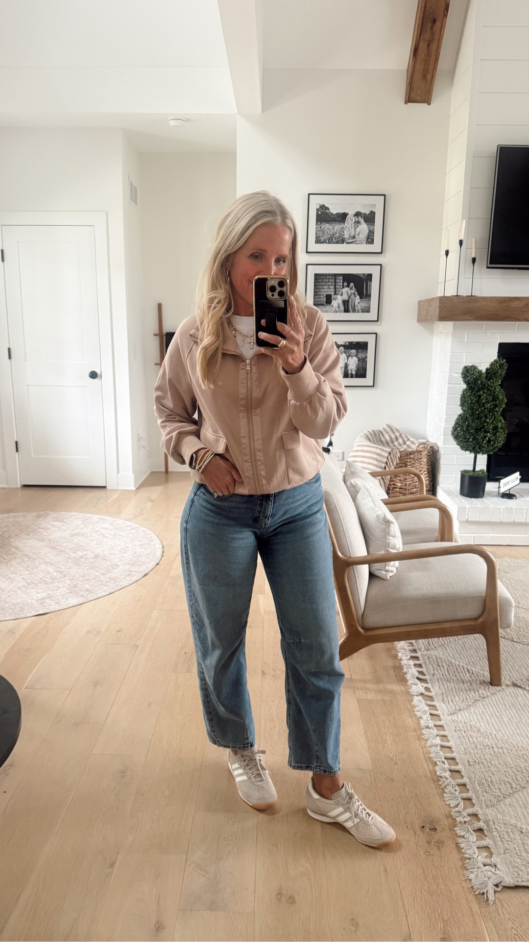 #ootd Wearing barrel jeans (linked similar ones), a while long sleeve with lace, and a zip up from Amazon (size medium). I’m loving my new Adidas sneakers. They have great texture to them. They run a bit big so size down if between. I’m a true size 7 and could have probably done a 6.5.  #ad @adidas 

#LTKootd #LTKSaleAlert