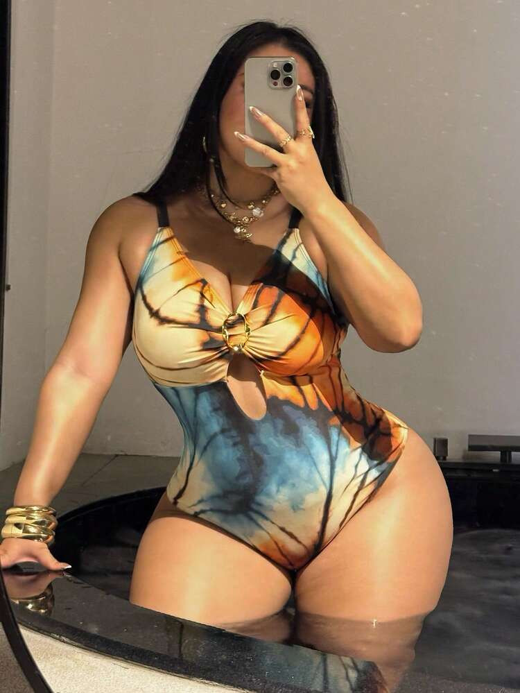 Swim SXY Plus Size One-Piece Swimsuit, Tie-Dye Print With Metal Decor, Sexy Beach Vacation Swimwear | SHEIN