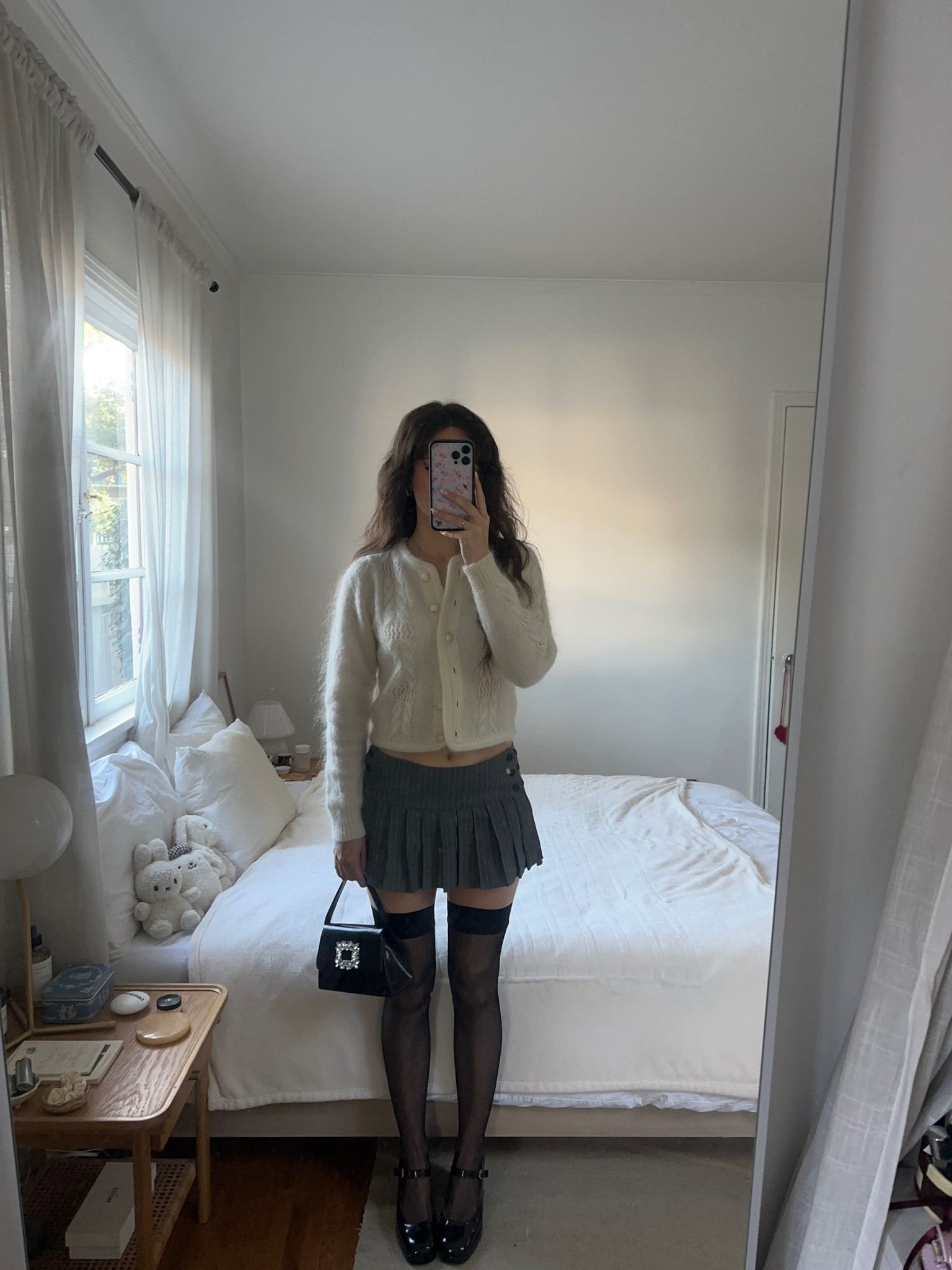 Outfit for the nutcracker #maryjanes #kneehighsocks #creamcardigan #pleatedminiskirt 