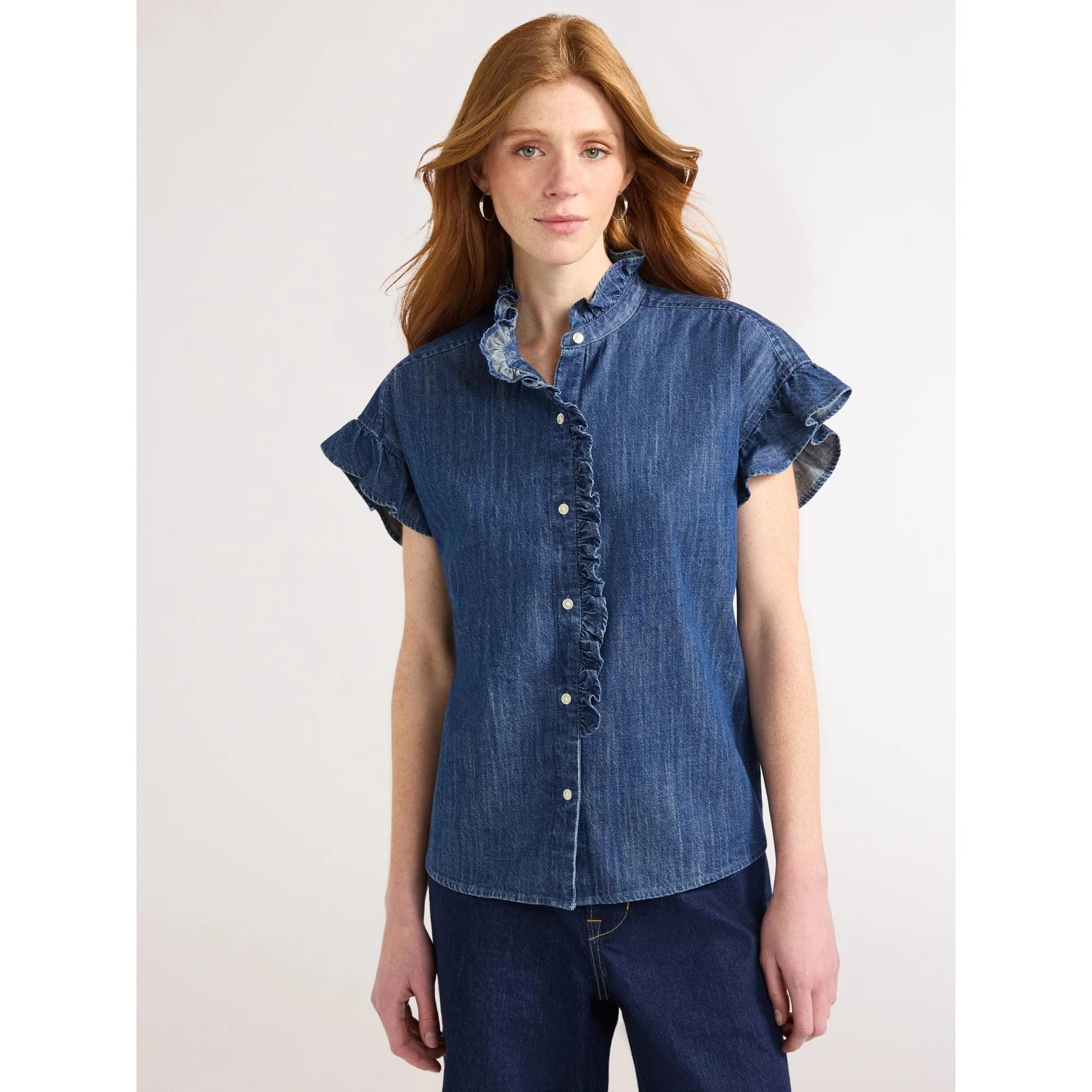 Free Assembly Women's Ruffle Trim Denim Shirt with Short Sleeves, Sizes XS-XXL | Walmart (US)