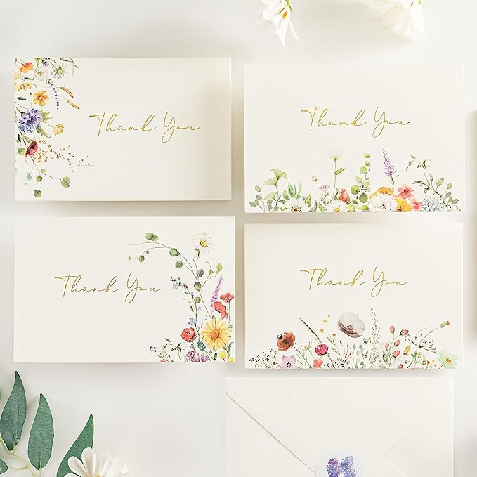 Crisky Thank You Cards 4 Assortment, Gold Foil Watercolor WildFlowers (50 Cards with Envelopes fo... | Amazon (US)
