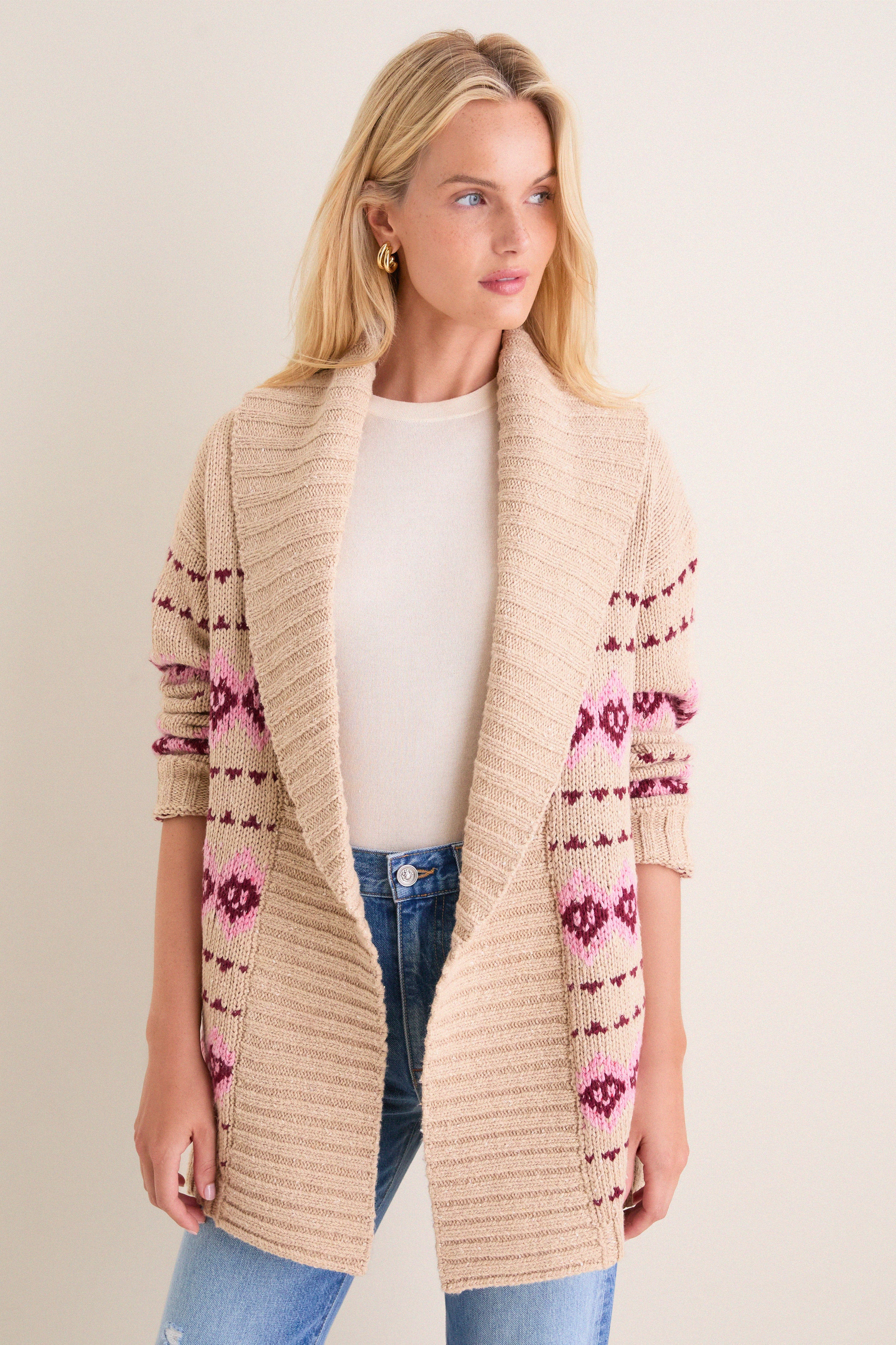 Tan & Pink Fair Isle Stowe Oversized Cardigan | Tuckernuck (US)