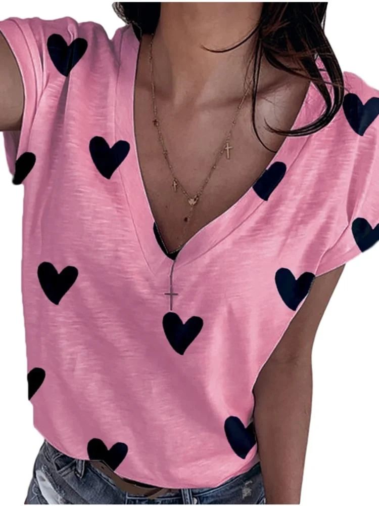 V-Neck Heart Print Women Casual T-Shirt | Walmart (US)