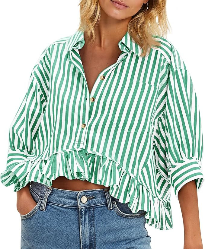 Cicy Bell Womens Cropped Striped Button Down Shirts Ruffle 3/4 Length Sleeve Summer Tops Dressy C... | Amazon (US)