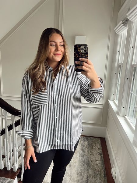Spring outfit! Oversized button down shirt to pair with leggings or jeans. Maternity, postpartum, nursing & pumping friendly. Wearing size 4 in shirt, sharing similar non-maternity styles. Use CARALYN10 at Spanx. 

#LTKmidsize #LTKstyletip #LTKworkwear