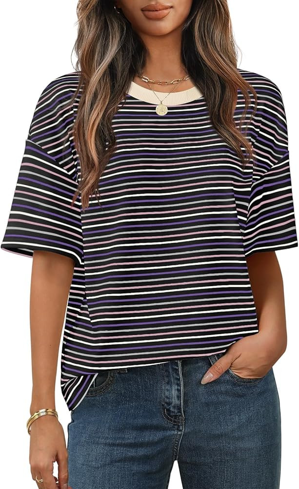 MEROKEETY Women's 2026 Summer Short Sleeve Tops Casual Colourful Striped Crewneck Loose Work T Sh... | Amazon (US)