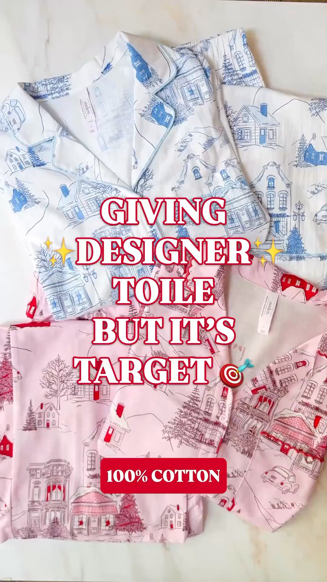 Katie Kime meets Petite Plume, but it’s TARGET. These 100% cotton holiday pajamas look like they belong on a designer sleepwear wish list, and they’re a fraction of the cost. 🎀

The pink-and-red winter village toile brings that Katie Kime Holiday Toile charm. The blue-and-white print, with its snowy houses and coordinating piping, gives Petite Plume Chalet Toile. These are the Christmas pajamas you’d never guess came from a big box store.

Both are matching two-piece pajama sets with long-sleeve button-front shirts, classic collars and full-length pants. Choose pink cotton flannel for cozy winter nights or blue cotton poplin for a crisper, lighter option if you prefer less warmth.

Relaxed fits, elastic waistbands and pants with pockets make them easy to wear through Christmas morning presents, holiday movie nights and slow weekend breakfasts. The pants have a 30.5-inch inseam.

Such a pretty holiday gift for the woman who loves feminine, preppy sleepwear. Pick your print below, or get one to gift and one to keep.

Target Christmas pajamas women, 100% cotton Christmas pajamas, Katie Kime pajamas look for less, Petite Plume pajamas look for less, holiday toile pajamas, Christmas village pajama set, matching holiday pajamas women, aesthetic Christmas pajamas, pink Christmas pajamas, blue and white toile pajamas, cotton flannel pajama set women, cotton poplin pajamas women, long sleeve pajamas with pockets, preppy pajamas, Christmas morning pajamas, pajama gifts for her, Auden pajamas women, cotton holiday sleepwear, Target pajamas, Target finds, Target style @Target 

#LTKHoliday #LTKGiftGuide #TargetFinds #TargetStyle #ChristmasPajamas  #PajamaSet #PJSet #GoingViral #ToilePajamas #HolidayPajamas #LookForLess

#LTKSeasonal #LTKHome #LTKKids