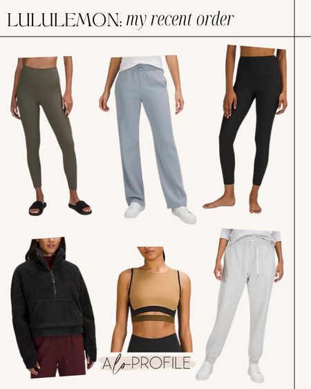 My most recent Lululemon order.

I got a size 4 in the ribbed align leggings (my true align size) in the 25”.
I got a size 4 in the softstreme high rise pant & the scuba high rise jogger.
The fleece is a size XS/S.
The bra/crop top is a size 6. 