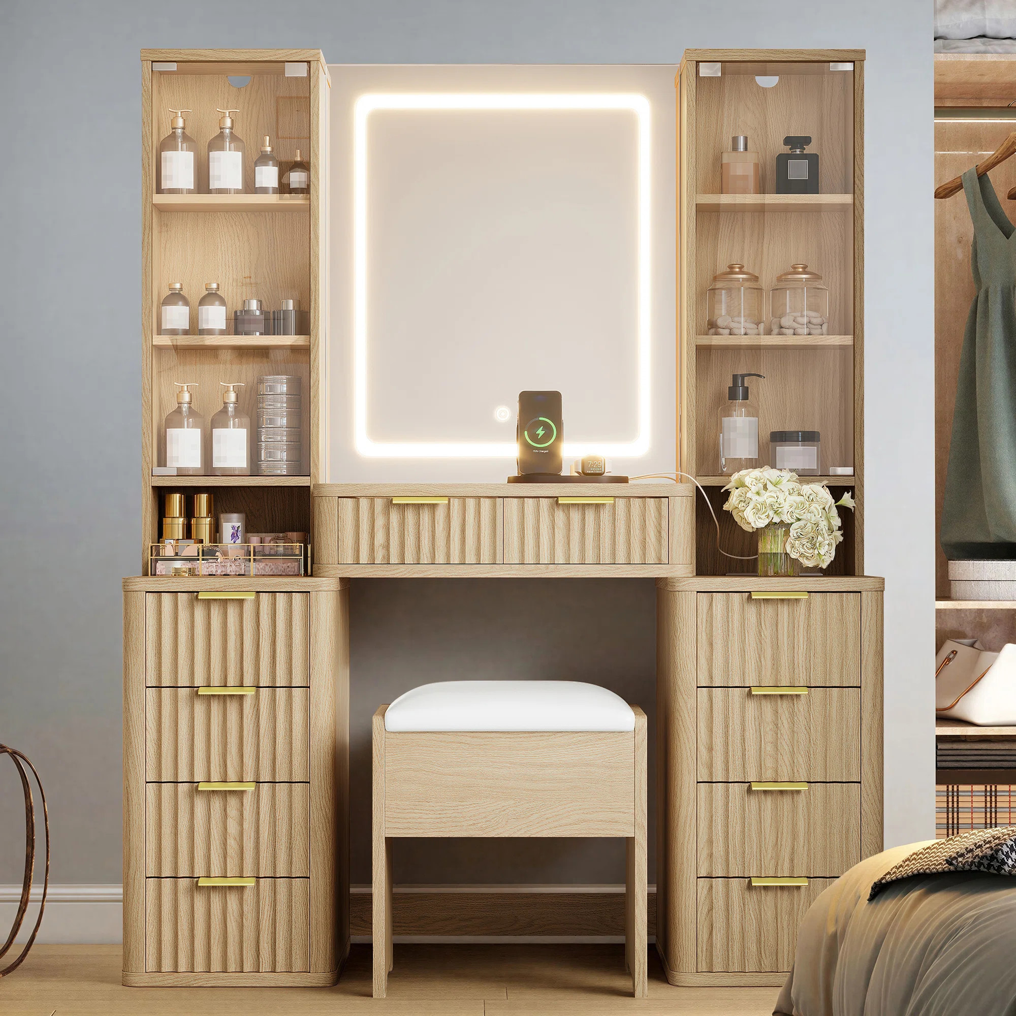 43.5" Medium Size Makeup Vanity Table Set with Mirror and Lights, Fluted Design  with 10 Drawers ... | Wayfair North America
