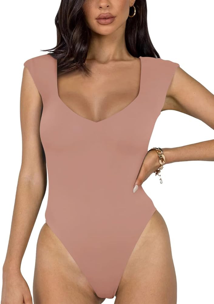 REORIA Women's Sexy Casual V Neck Double Lined Sleeveless Slimming Going Out Tank Top Bodysuits | Amazon (US)