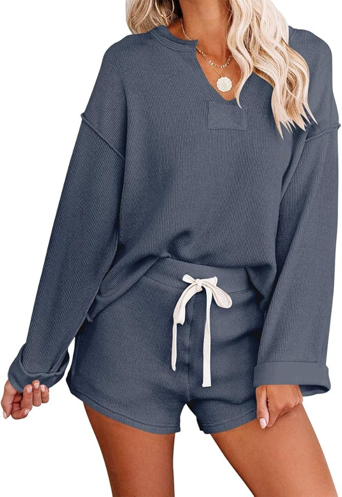 Women's Casual V Neck Long Sleeve Solid Color Knit Pullover Sweatsuit 2 Piece Short Henley Sweate... | Amazon (US)