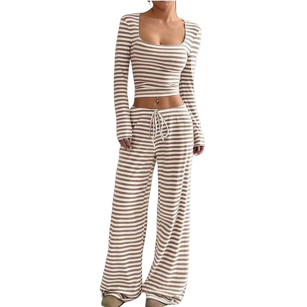 Womens Striped 2 Piece Outfits Casual Square Neck Cropped Tops Wide Leg Pants Two Piece Lounge Se... | Amazon (US)