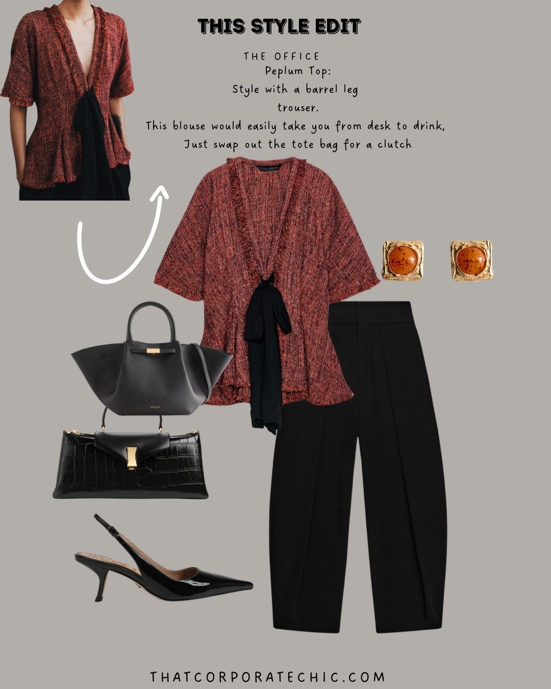 business casual workwear - The peplum top and balloon tailored trousers
From desk to drink - workwear style 
Work bag
Clutch bag
Summer bag
Statement earrings for the office and beyond
Workwear inspiration for spring summer 

The top and Trouser are from Zara, see code below.
Trousers: 4661/408/800
Blouse: 2370/372/615