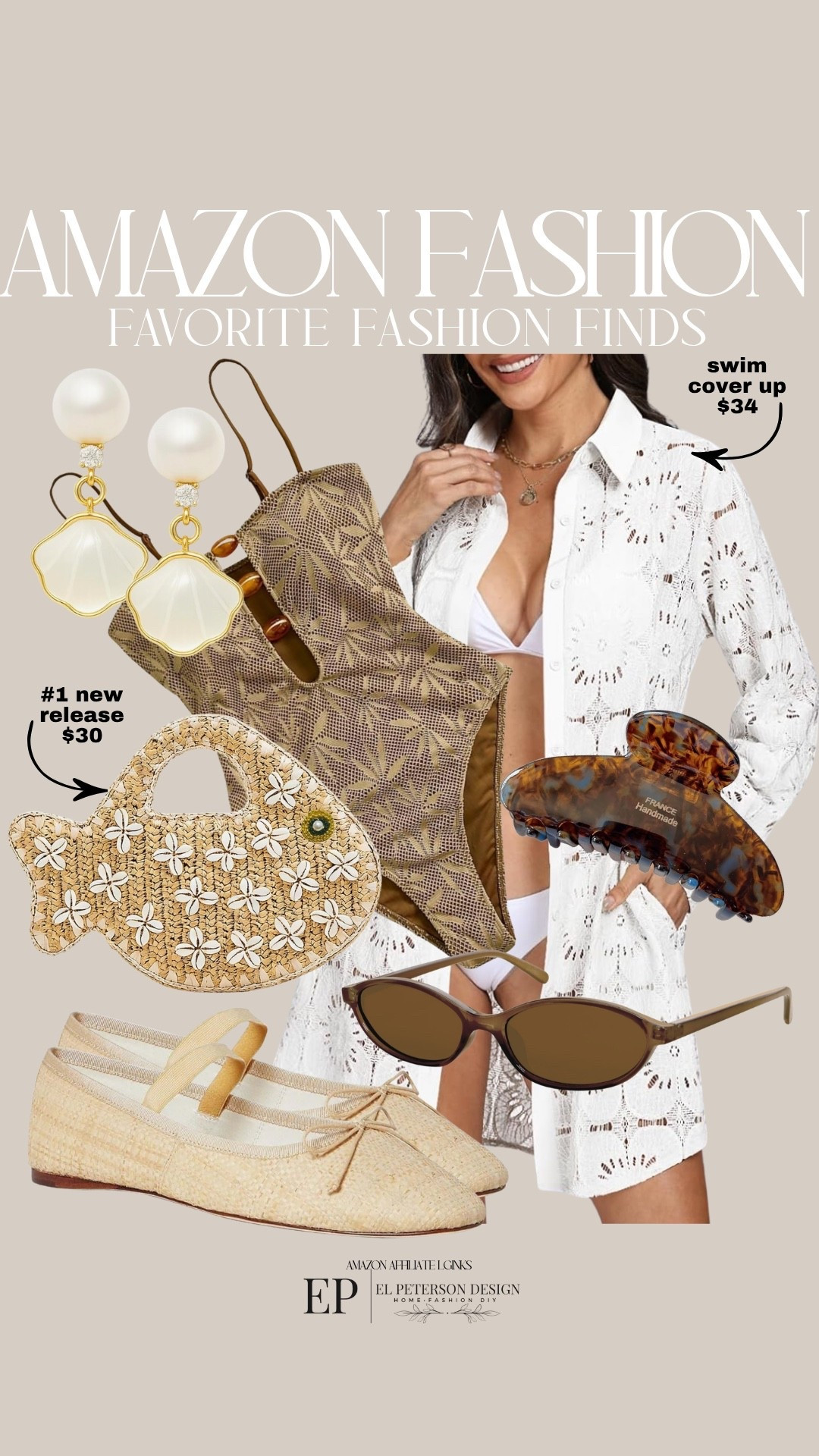 Amazon
Swimming suits
Swim cover up
Purse
Mules
Sunglasses
Claw clip
Earrings