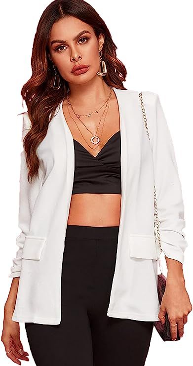 MakeMeChic Women's Casual Blazers Open Front Long Sleeve Work Office Jackets Blazer White M | Amazon (US)
