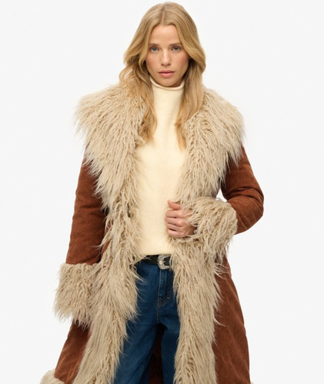 Superdry Damen Langer Afghan Mantel Brown - Größe: 42 | Superdry (EU)