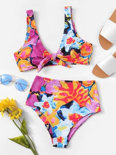 Random Floral Top With High Waist Bikini Set | SHEIN