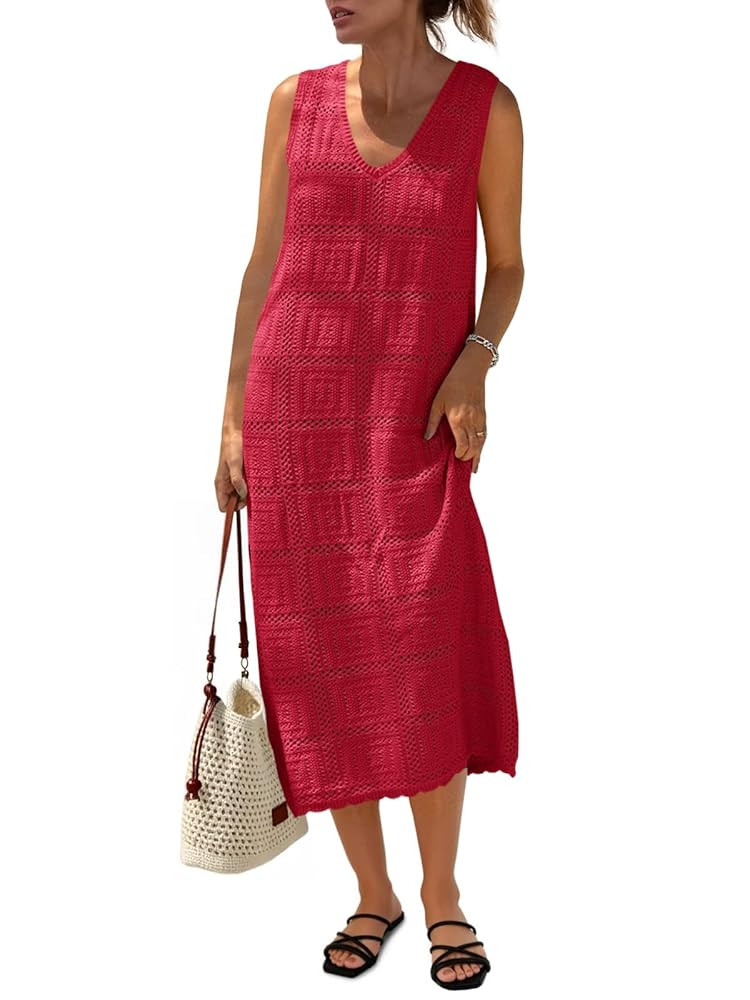 Fisoew Womens Crochet Sleeveless Dress Casual Summer V Neck Boho Knit Cover Up Beach Vacation Mid... | Amazon (US)
