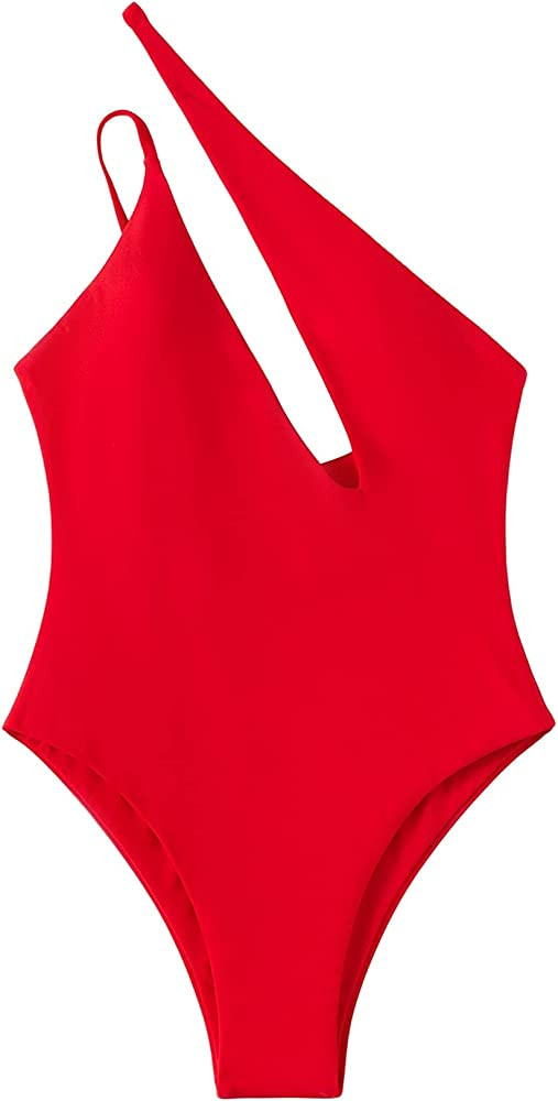 MakeMeChic Women's One Shoulder One Piece Swimsuit Cutout High Cut Bathing Suit | Amazon (US)