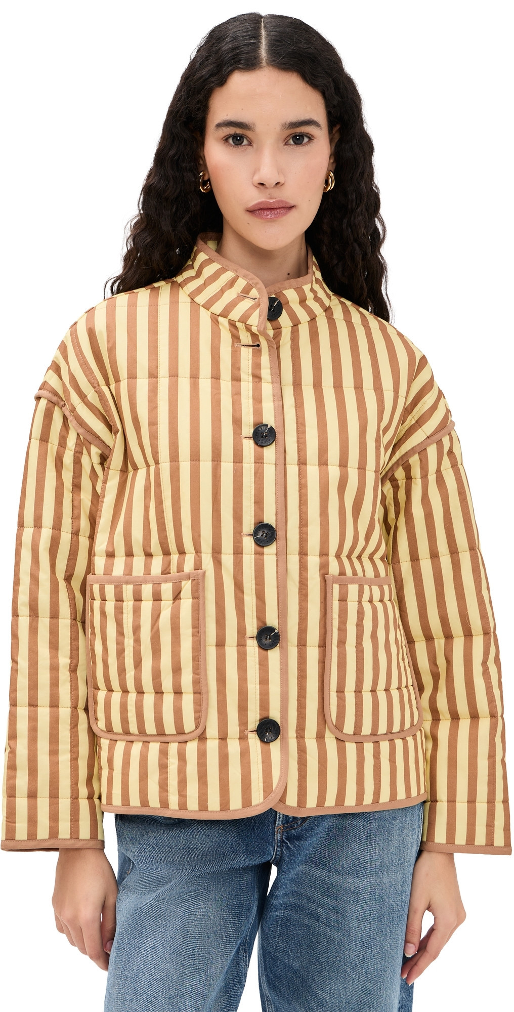 Avec Les Filles Box Quilted Jacket with Patch Pockets Butter/Natural Stripe L | Shopbop