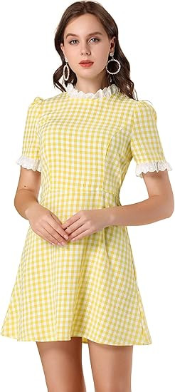 Allegra K Women's Halloween Dorothy Dress Costume Summer Ruffle Neck Lace Panel Short Sleeve Chec... | Amazon (US)