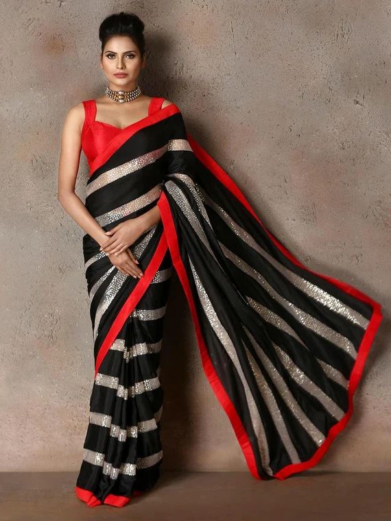 Partywear Black Saree Sequins Embroidery Red Border And Choli Bridal Gift Occasional Wear Party W... | Etsy (US)
