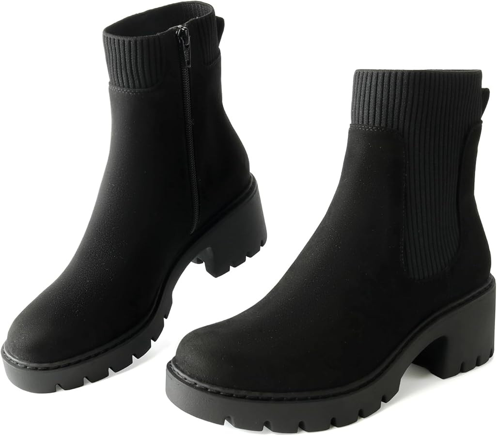 Women's Chelsea Boots Platform Elastic Zippers Chunky Heel Lug Sole Comfortable Slip On Booties f... | Amazon (US)