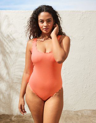 Aerie Waffle Scalloped One Piece Swimsuit | American Eagle Outfitters (US & CA)