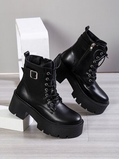 Punk Buckle Decoration Lace-up Front Combat Boots Solid Color Boots | SHEIN